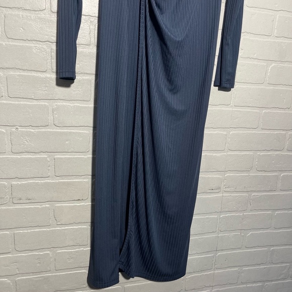 Shibever Womens Midi Dress Blue Ribbed Knit Twist Front Bodycon Draped Large NWT - Picture 5 of 9